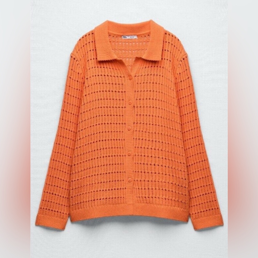ZARA Women's Size Small Orange Chenille Knit Long Sleeve Collared Cardigan Top